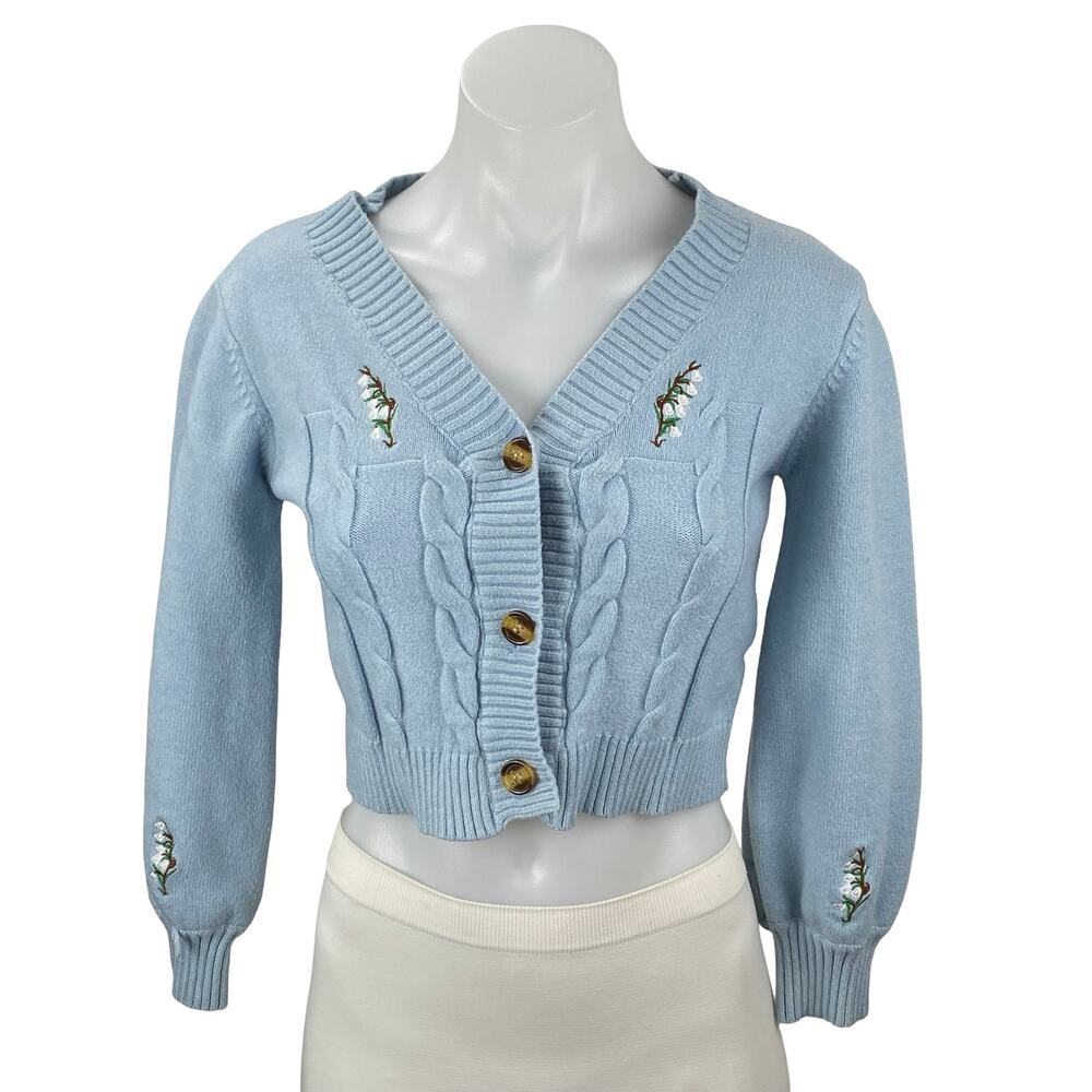 Zaful Women's Blue Cable Knit Embroidered Floral Cropped Cardigan Sweater Top OS